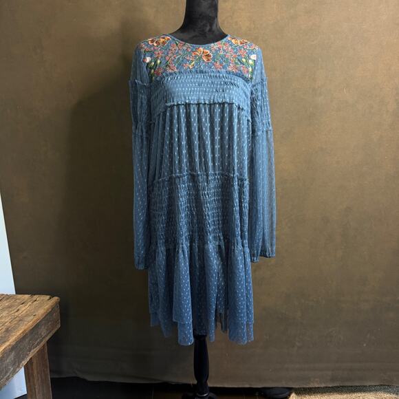 Maeve Anthropologie Blue Sheer Swiss Dot Embroidered Floral Dress XL Boho - Picture 2 of 10
